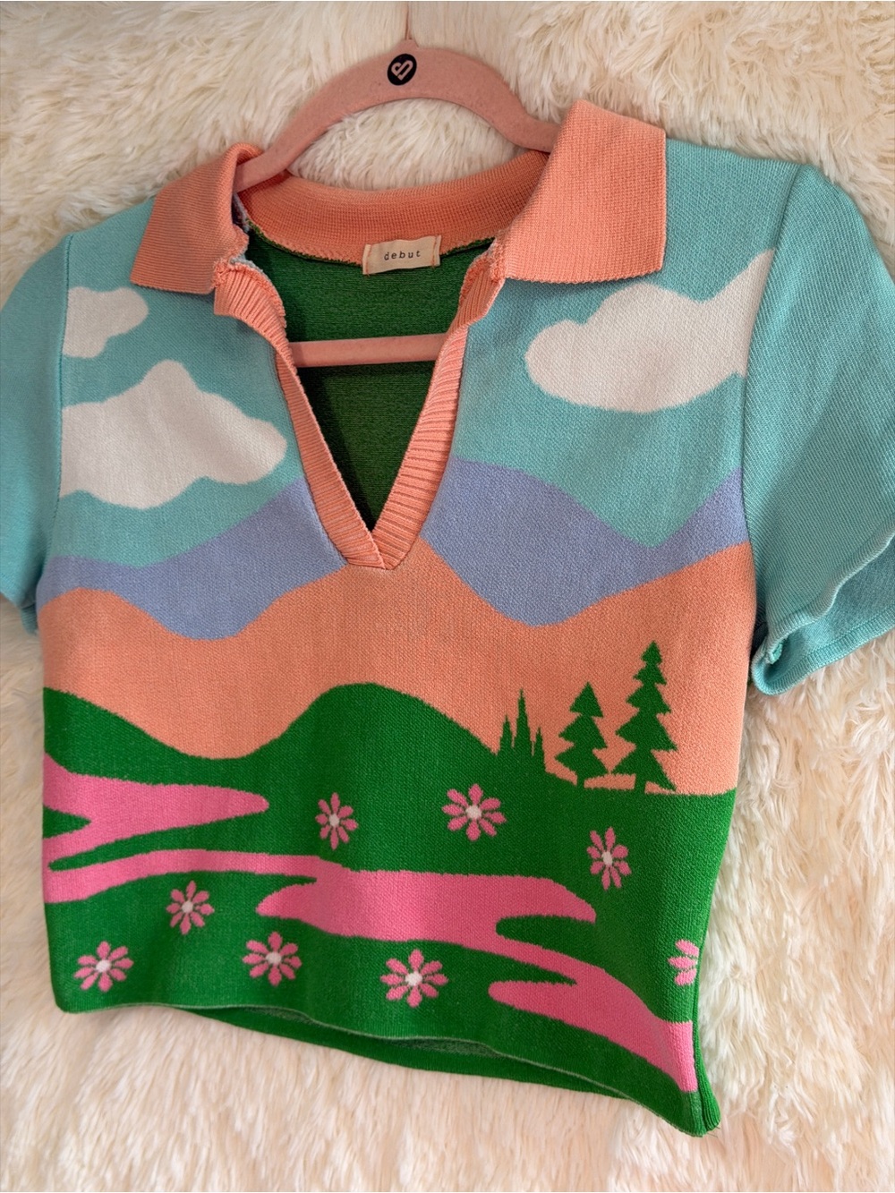 Debut Womens Meadow Print Cropped Sweater Size M/L Cottagecore Collared V-Neck - Picture 3 of 7
